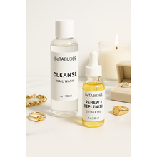 Load image into Gallery viewer, Two bottles from the BeTABU365 nail care duo: a nail wash and a cuticle oil.
BeTABU365 nail wash and cuticle oil displayed together for a two-step nail care routine.
Close-up of the BeTABU365 nail care duo bottles.
BeTABU365 nail wash and cuticle oil set arranged for product display.BeTABU365